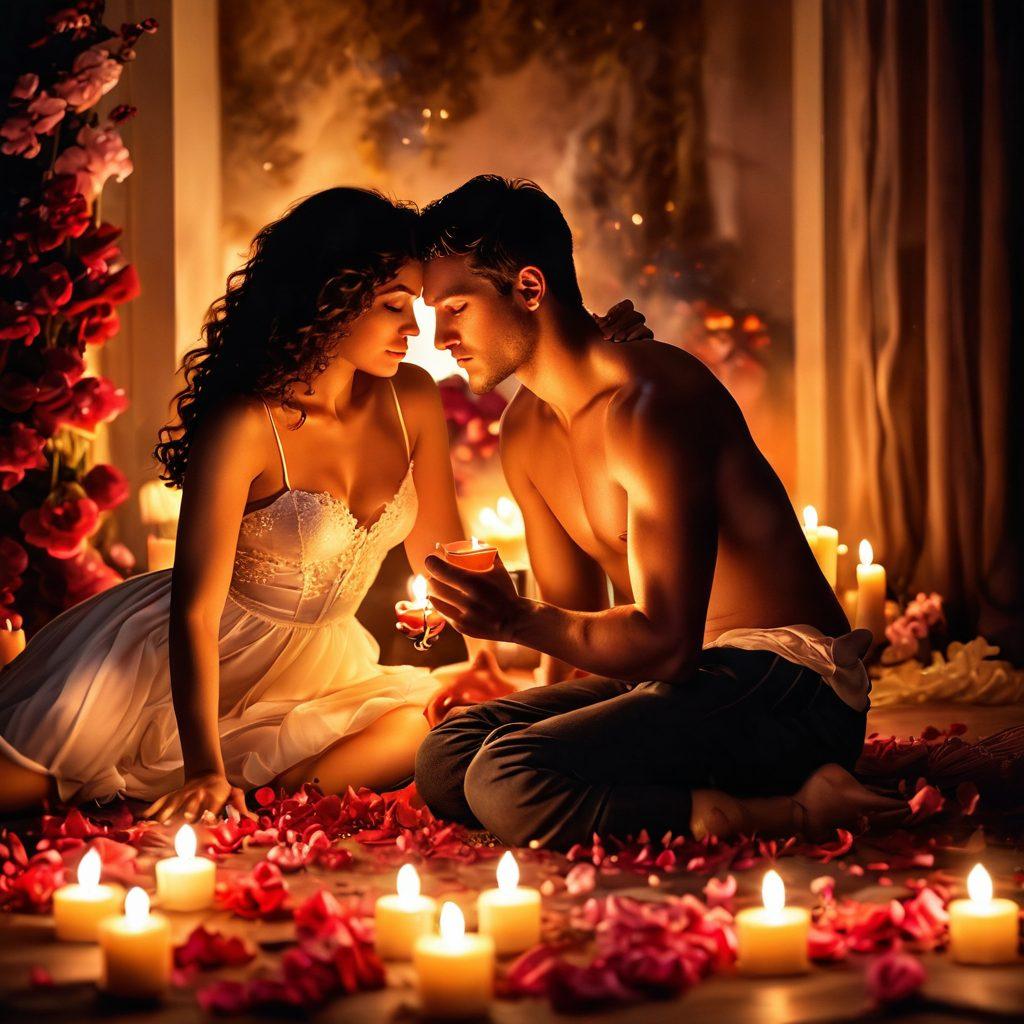 A romantic scene featuring a couple in a candle-lit setting, engaged in playful flirtation with subtle eye contact, surrounded by soft flower petals and warm glow lighting, symbolizing connection and attraction. Include gentle, swirling smoke from incense to evoke mystery. The background should blur softly to enhance the intimacy of the moment. super-realistic. vibrant colors. warm tones.