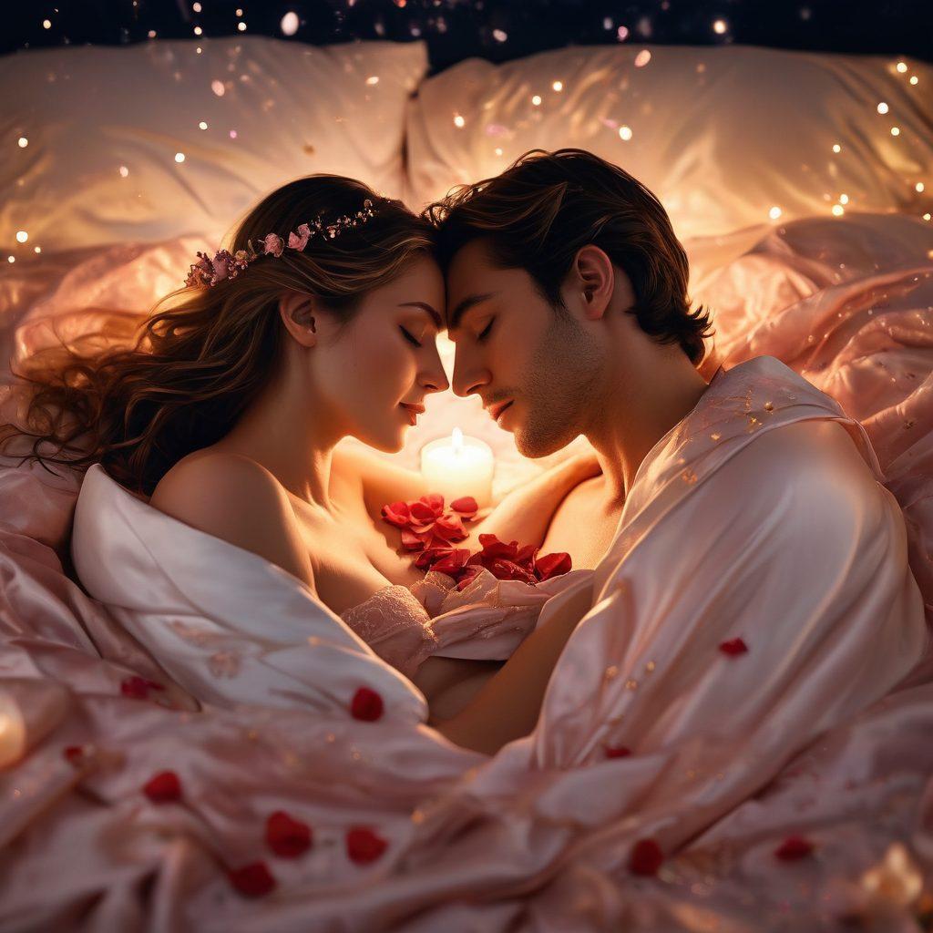 A romantic, intimate scene featuring a couple embracing in soft candlelight, with lush textures of silk sheets and delicate rose petals scattered around. Surrounding them are symbols of passion such as intertwined hearts and glowing stars in a night sky. The atmosphere radiates warmth and sensuality, inviting exploration of deep connections. super-realistic. warm tones. soft focus.