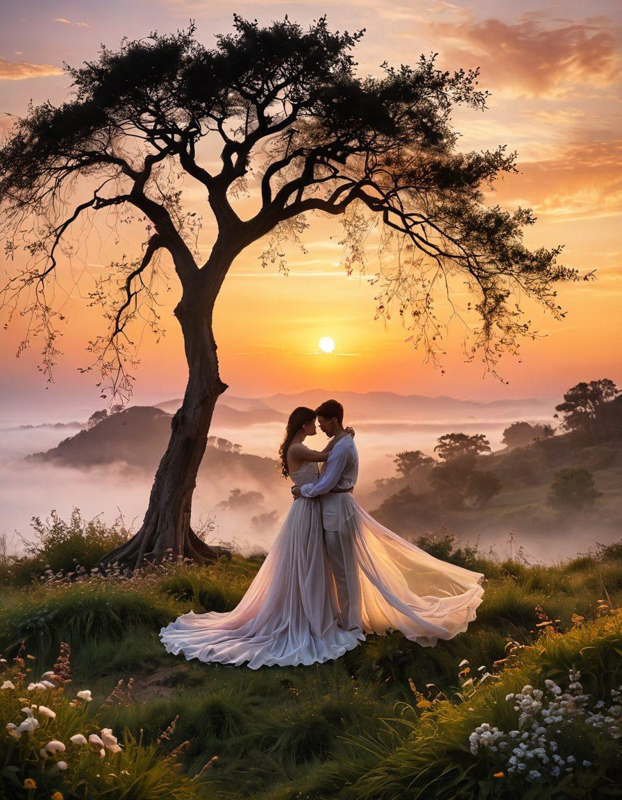 A dreamy, ethereal landscape with soft, flowing fabrics representing sensuality, intertwined with glowing hearts and subtle silhouettes of couples embracing. Delicate flowers bloom throughout, symbolizing intimacy and love, set against a warm, sunset-colored sky. Enveloping this scene are wisps of mist, adding an air of mystery and exploration. Incorporate gentle, flowing lines and soft light to evoke desire. vibrant colors. super-realistic.